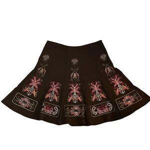 Embroidered Floral Midi Maxi A-Line Flare Skirt Brown 24 Boho Y2K Fairy Romantic